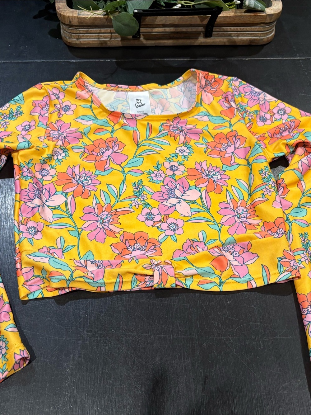 art class Girls Yellow Floral Scoopneck Rashguard Swim Top with Pink & Teal